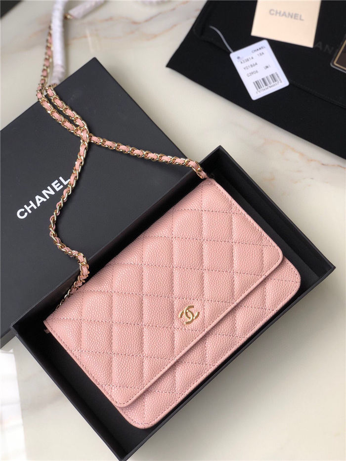 Classic Wallet on Chain A33814 Grained Calfskin Gold/Silver Metal Pink B