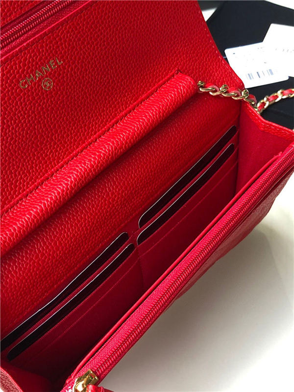 Classic Wallet on Chain A33814 Grained Calfskin Gold/Silver Metal Red B