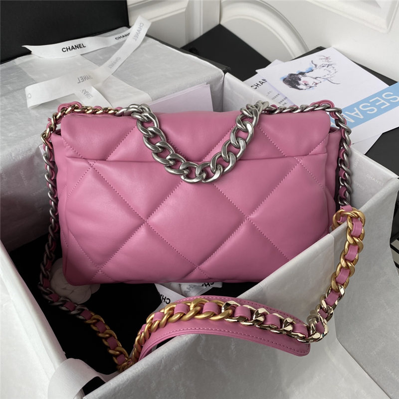 Large Chanel 19 Flap Bag Goatskin/Lambskin Dark Pink Silver High