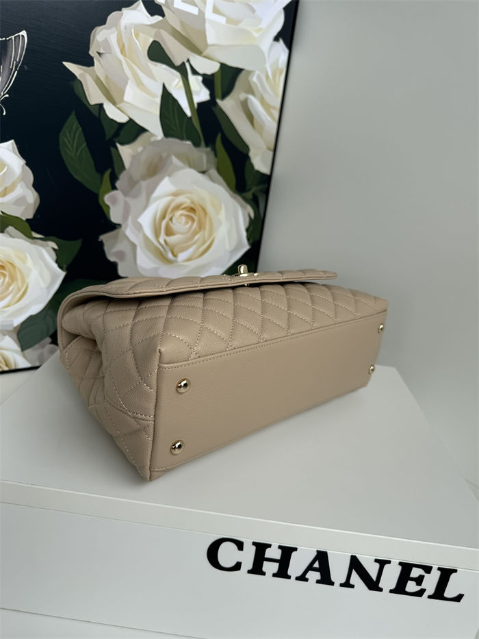 FLAP BAG WITH TOP HANDLE Grained Calfskin Beige-binding Gold Metal High