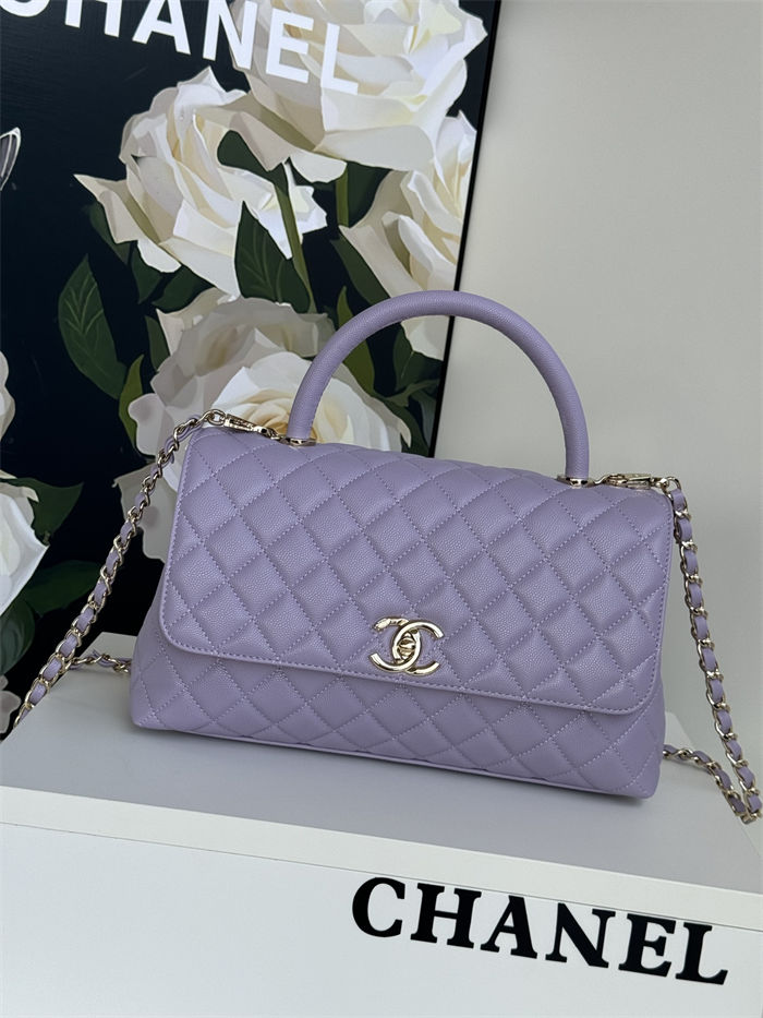 FLAP BAG WITH TOP HANDLE Grained Calfskin Purple-binding Gold Metal High