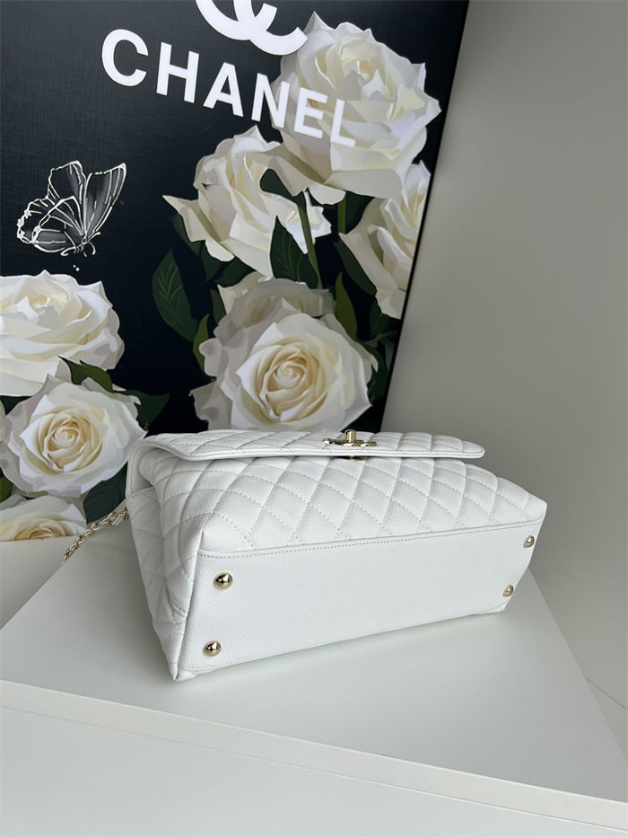 FLAP BAG WITH TOP HANDLE Grained Calfskin White-binding Gold Metal High