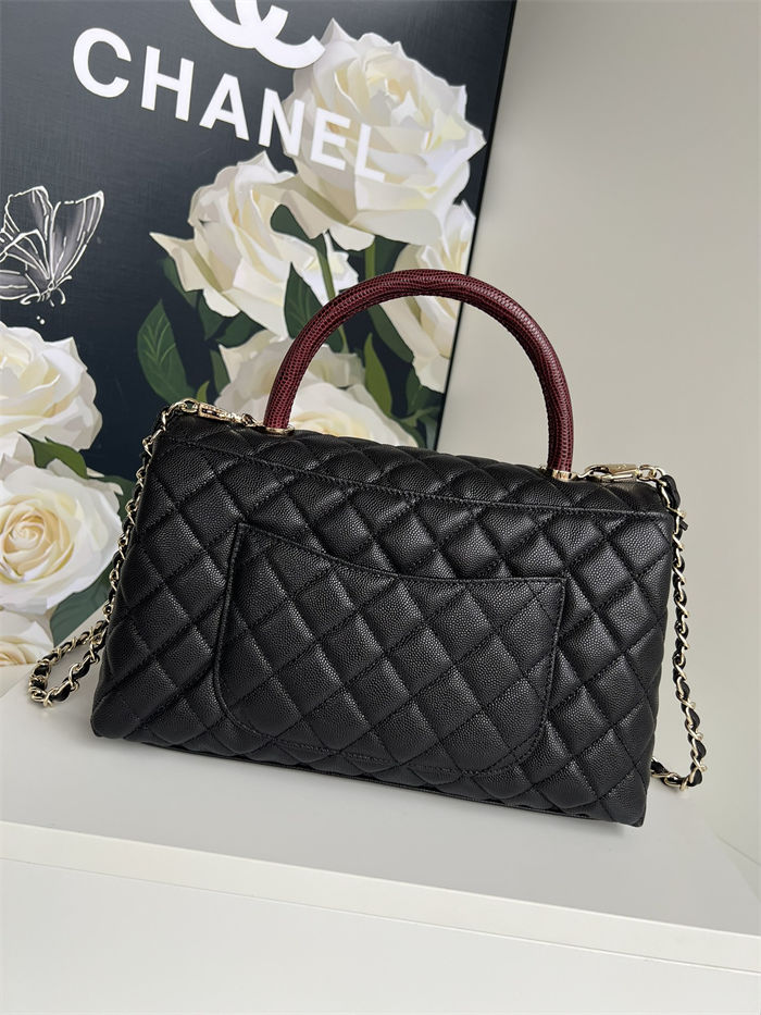 FLAP BAG WITH TOP HANDLE Grained Calfskin Black-binding Gold Metal High