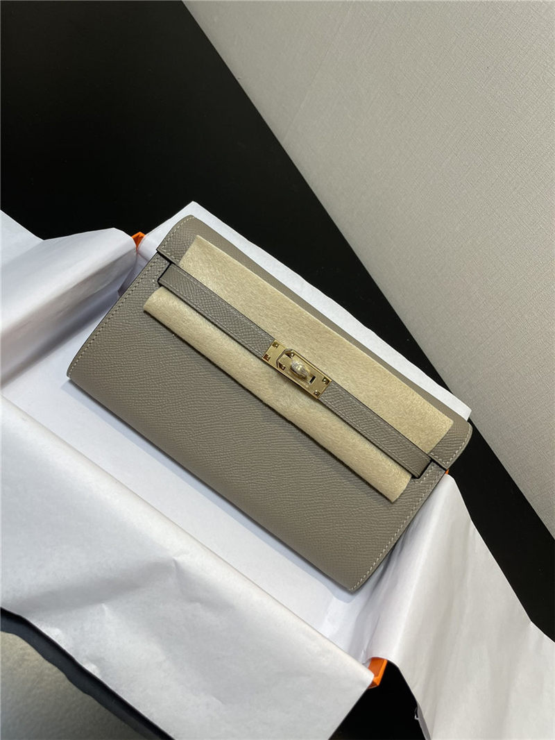 Hermes Kelly Classique To Go wallet Epsom calfskin Light Grey Gold-Metal WAX High