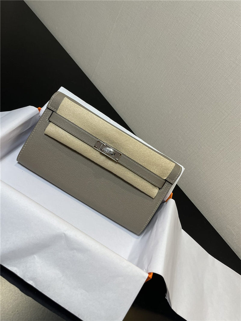 Hermes Kelly Classique To Go wallet Epsom calfskin Light Grey Silver-Metal WAX High