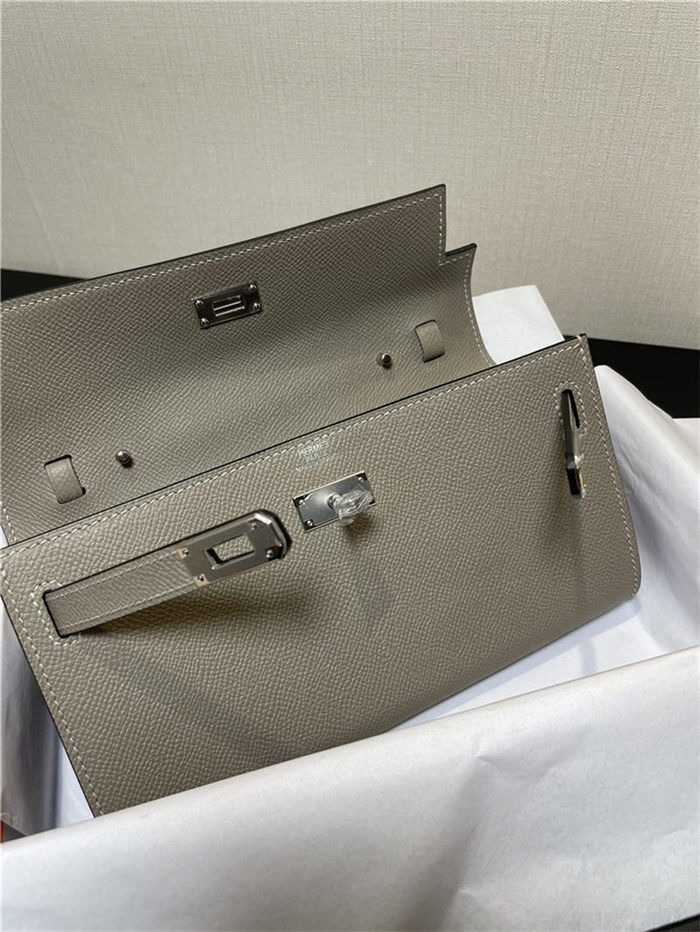 Hermes Kelly Classique To Go wallet Epsom calfskin Light Grey Silver-Metal WAX High