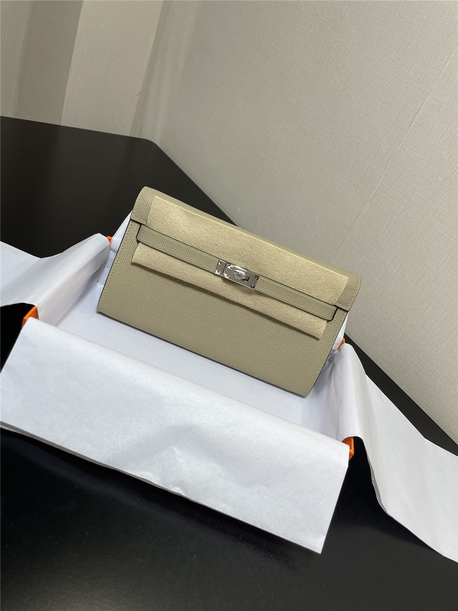 Hermes Kelly Classique To Go wallet Epsom calfskin Warm Grey Silver-Metal WAX High