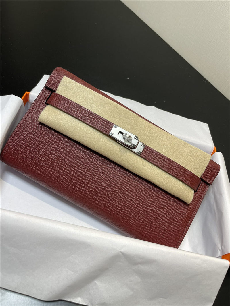 Hermes Kelly Classique To Go wallet Epsom calfskin Burgundy Silver-Metal WAX High