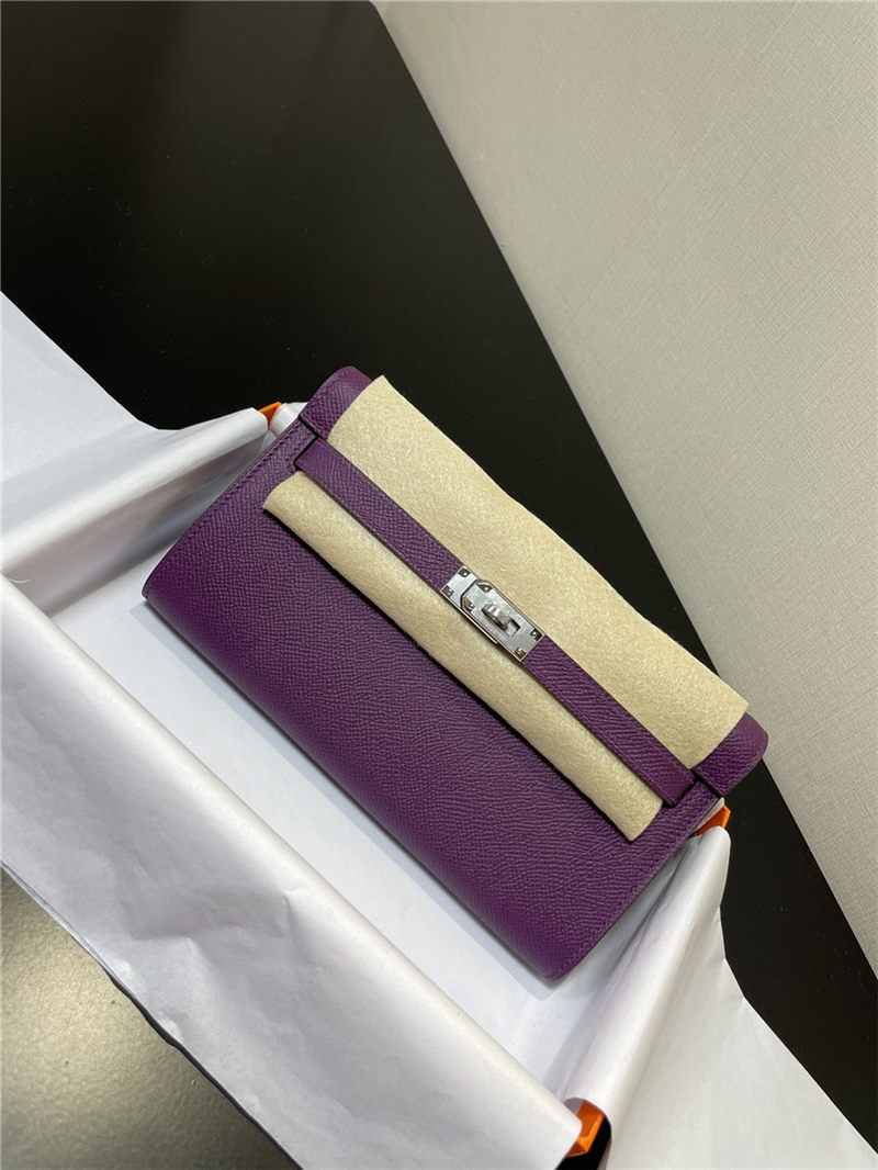 Hermes Kelly Classique To Go wallet Epsom calfskin Purple Silver-Metal WAX High