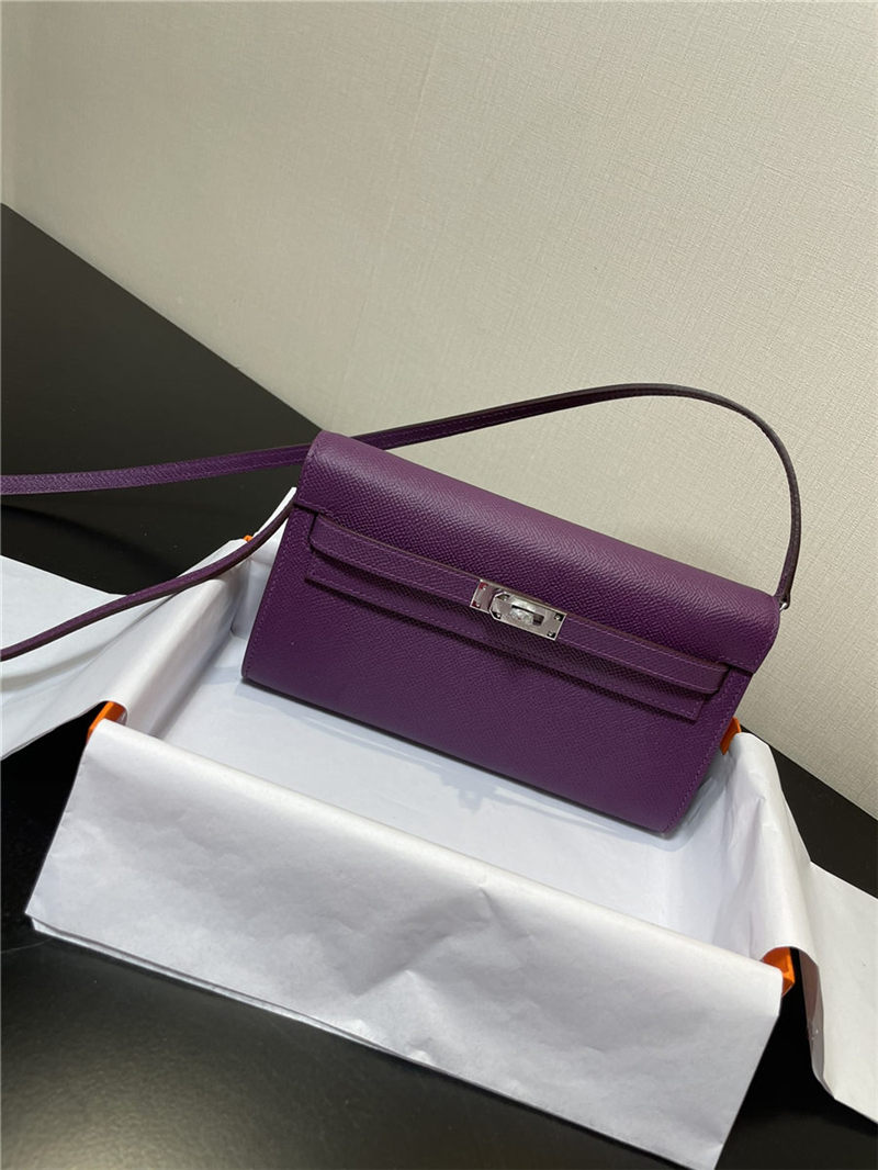 Hermes Kelly Classique To Go wallet Epsom calfskin Purple Silver-Metal WAX High