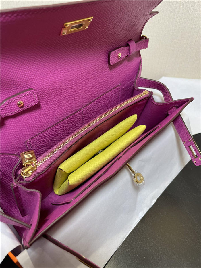 Hermes Kelly Classique To Go wallet Epsom calfskin Fuchsia Gold-Metal WAX High