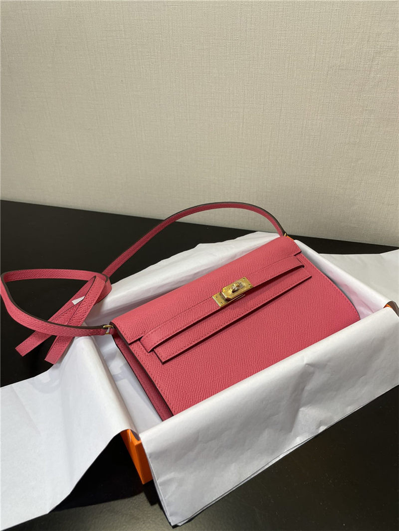 Hermes Kelly Classique To Go wallet Epsom calfskin Rose Pink Gold-Metal WAX High