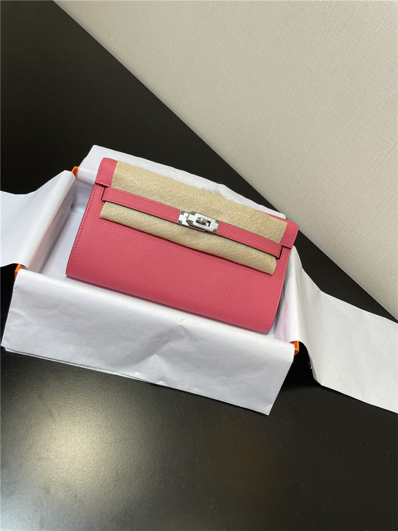 Hermes Kelly Classique To Go wallet Epsom calfskin Rose Pink Silver-Metal WAX High