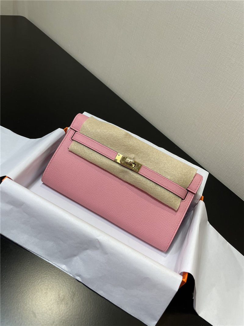 Hermes Kelly Classique To Go wallet Epsom calfskin Pink Gold-Metal WAX High