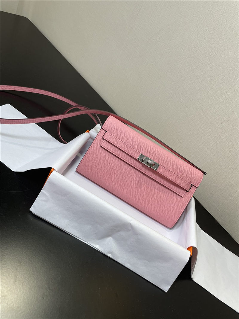 Hermes Kelly Classique To Go wallet Epsom calfskin Pink Silver-Metal WAX High