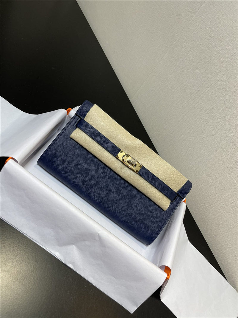 Hermes Kelly Classique To Go wallet Epsom calfskin Navy Blue Gold-Metal WAX High