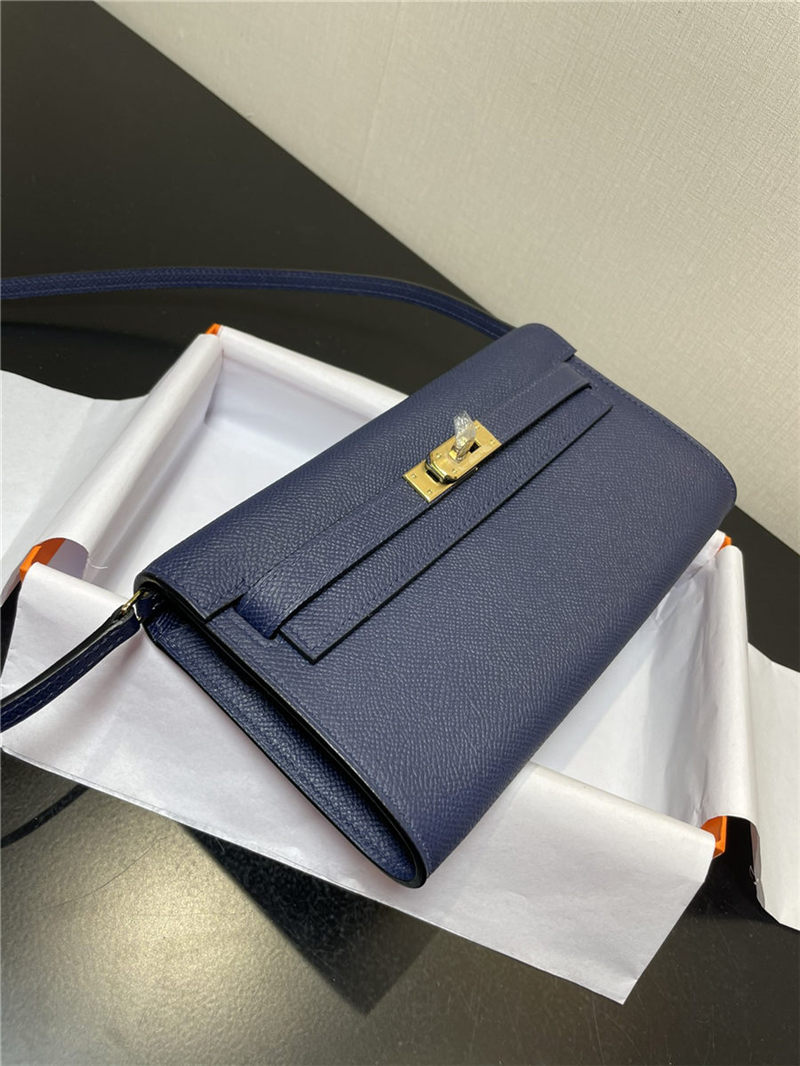 Hermes Kelly Classique To Go wallet Epsom calfskin Navy Blue Gold-Metal WAX High