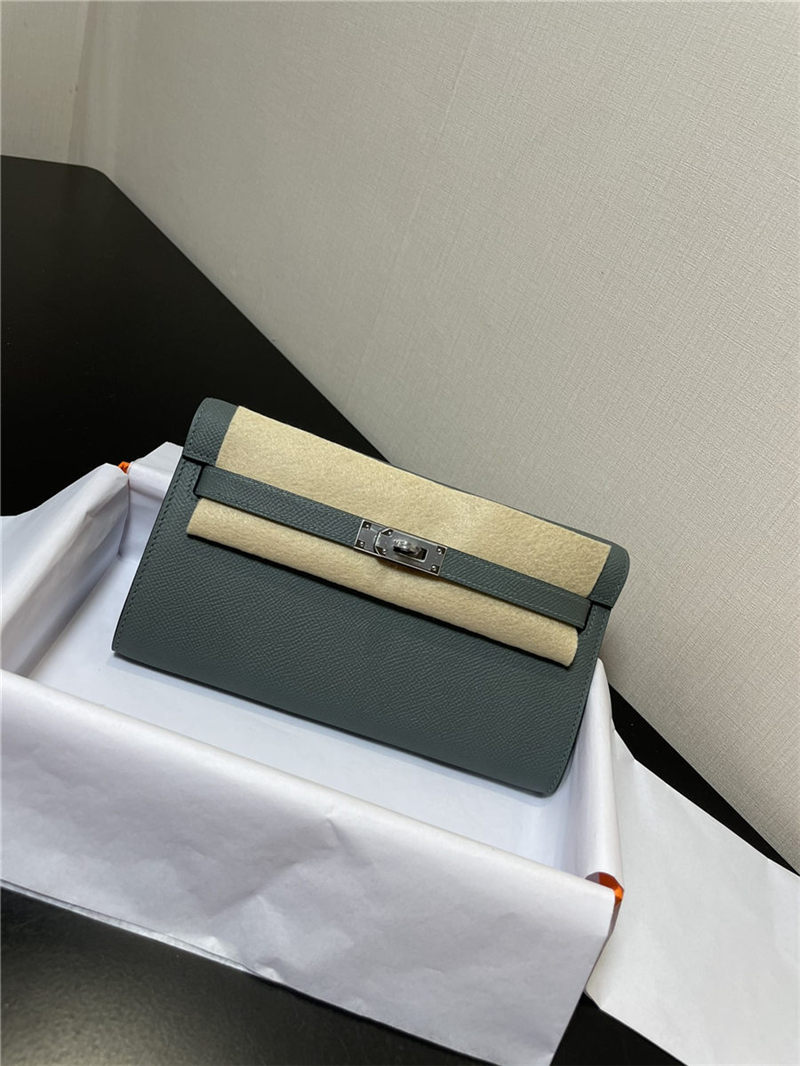 Hermes Kelly Classique To Go wallet Epsom calfskin Grey Green Silver-Metal WAX High