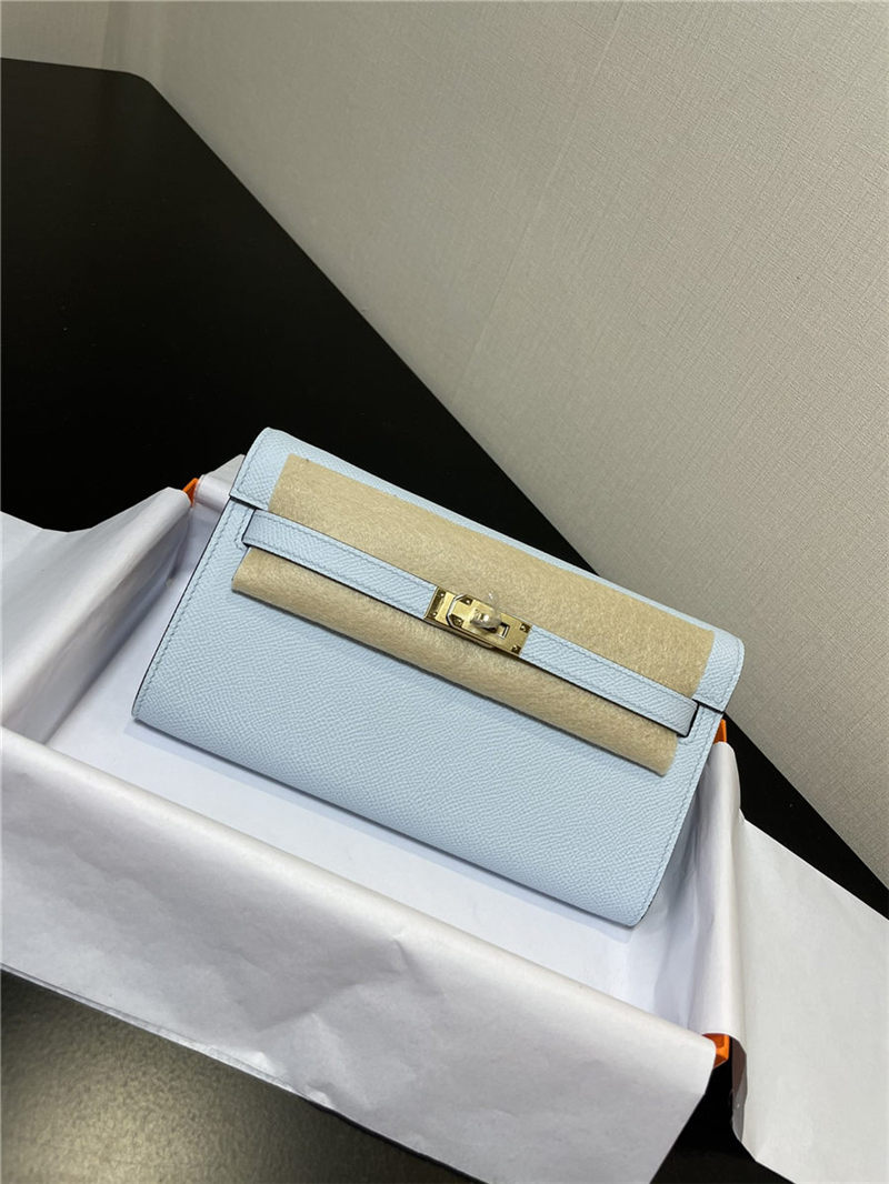 Hermes Kelly Classique To Go wallet Epsom calfskin Light Blue Gold-Metal WAX High