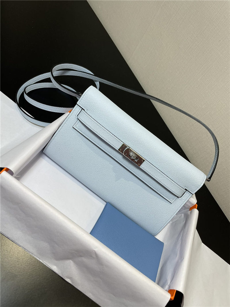 Hermes Kelly Classique To Go wallet Epsom calfskin Light Blue Silver-Metal WAX High