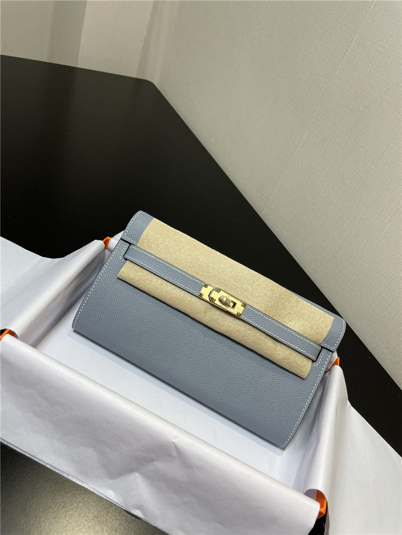 Hermes Kelly Classique To Go wallet Epsom calfskin Grey Blue Gold-Metal WAX High