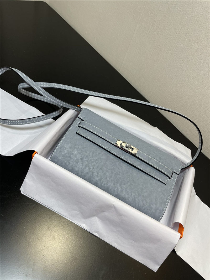 Hermes Kelly Classique To Go wallet Epsom calfskin Grey Blue Silver-Metal WAX High