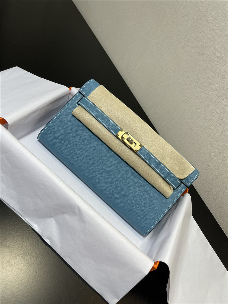 Hermes Kelly Classique To Go wallet Epsom calfskin Denim Blue Gold-Metal WAX High