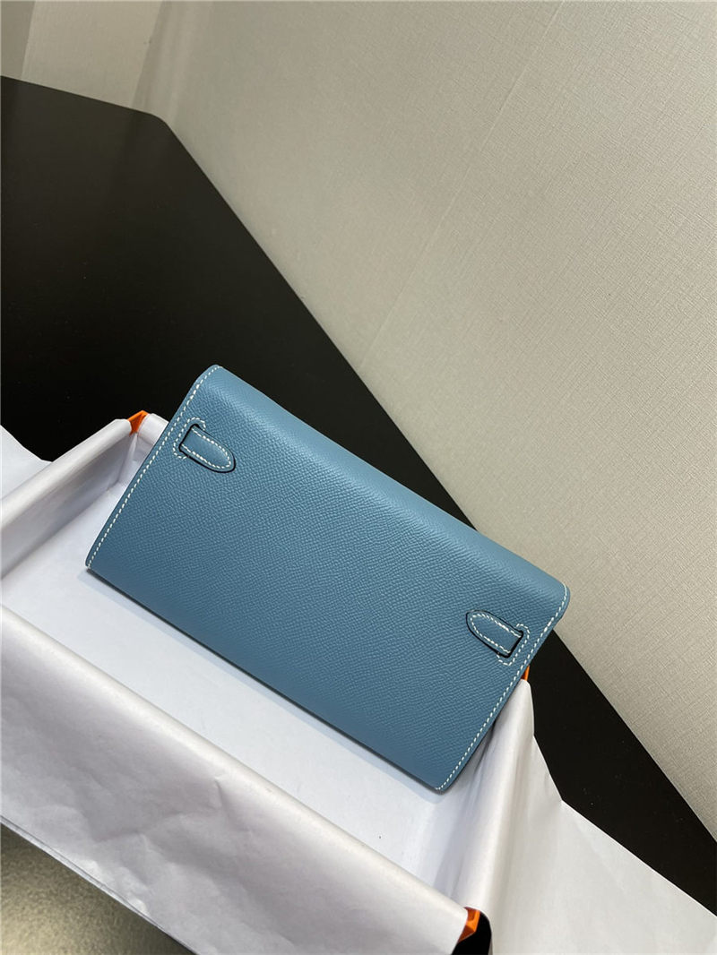 Hermes Kelly Classique To Go wallet Epsom calfskin Denim Blue Silver-Metal WAX High