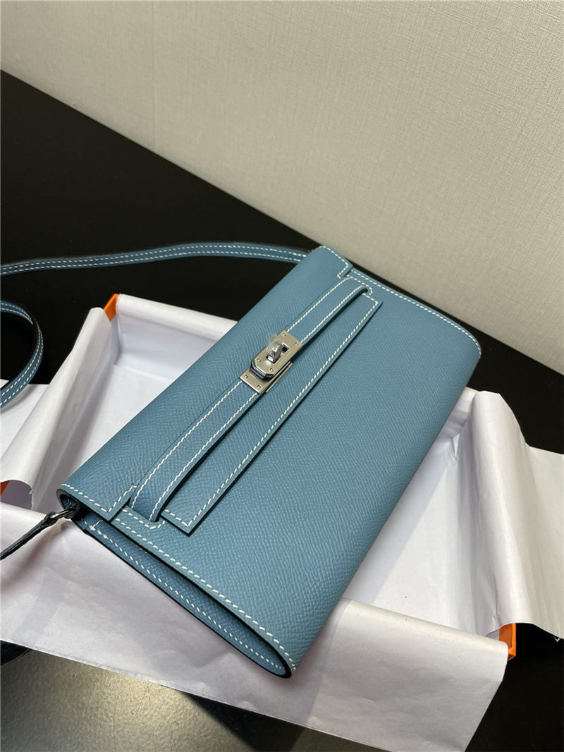 Hermes Kelly Classique To Go wallet Epsom calfskin Denim Blue Silver-Metal WAX High