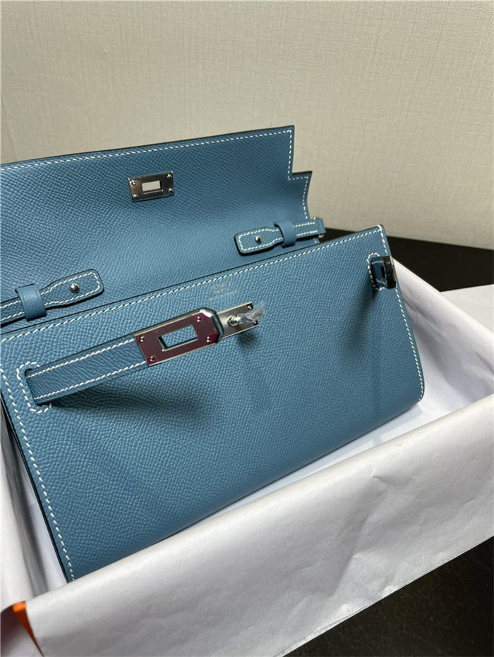 Hermes Kelly Classique To Go wallet Epsom calfskin Denim Blue Silver-Metal WAX High