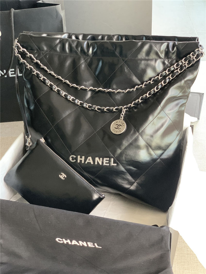 Chanel 22 LARGE HANDBAG Shiny Calfskin & Silver-Tone Metal AS3262 Black High