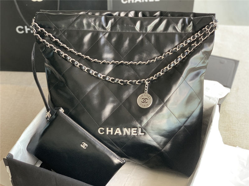 Chanel 22 LARGE HANDBAG Shiny Calfskin & Silver-Tone Metal AS3262 Black High