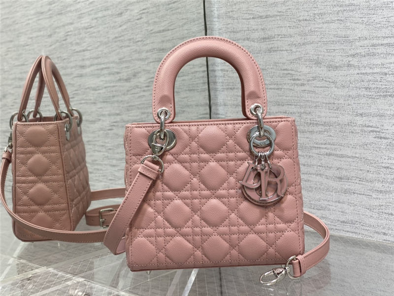 SMALL LADY Dior BAG Grained Cannage Calfskin Pink Silver-Metal High