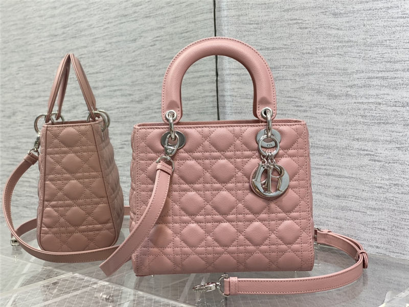 MEDIUM LADY Dior BAG Grained Cannage Calfskin Pink Silver-Metal High