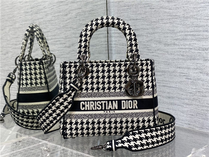 MEDIUM LADY D-LITE BAG Houndstooth Embroidery Black High