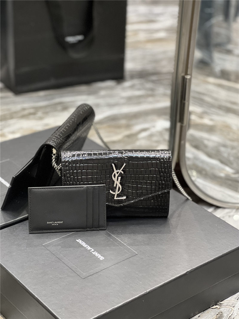 UPTOWN CHAIN WALLET IN CROCODILE-EMBOSSED SHINY LEATHER Black High