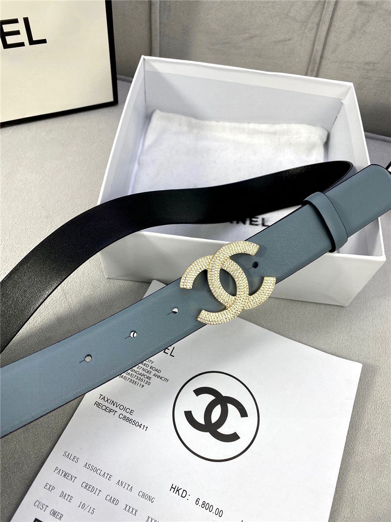 Chanel BELT Calfskin Gold/Silver Metal & Strass 30MM 2-1005 Grey Blue 2022 High