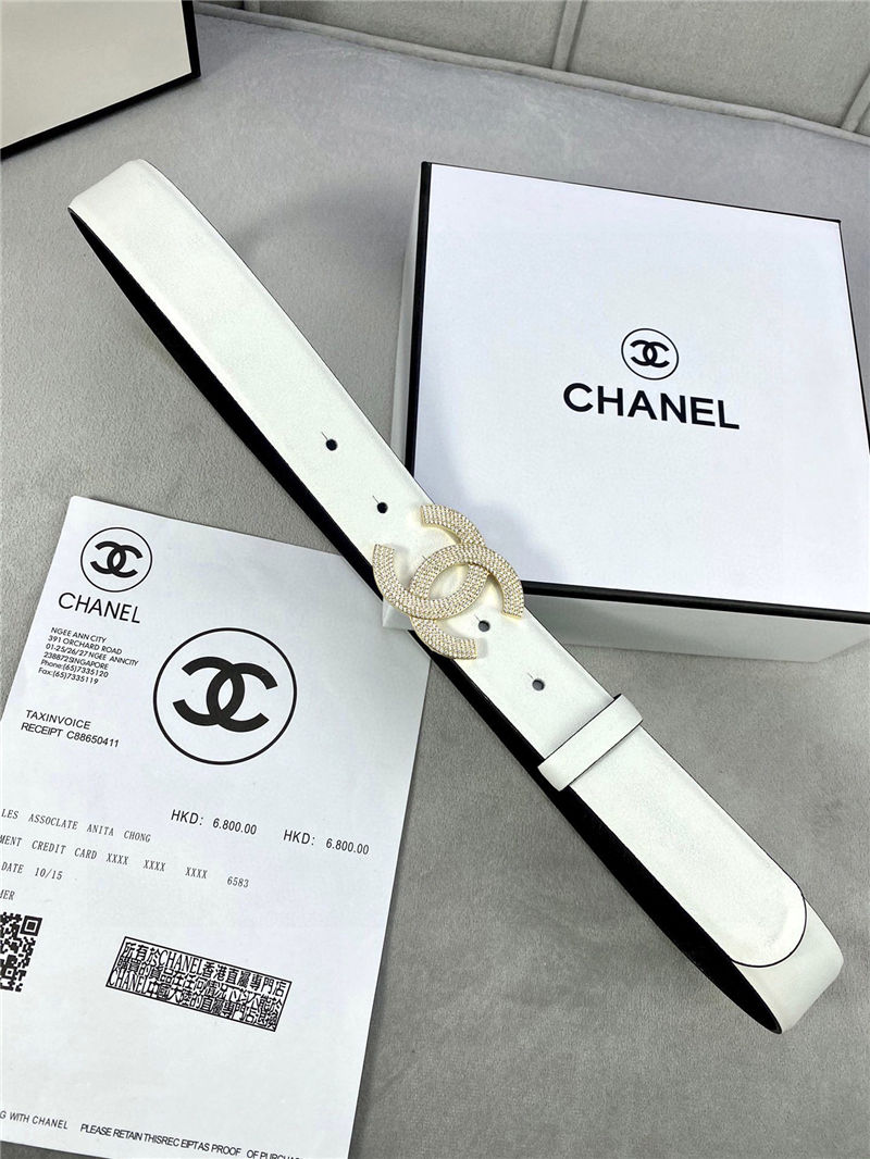 Chanel BELT Calfskin Gold/Silver Metal & Strass 30MM 2-1005 White 2022 High