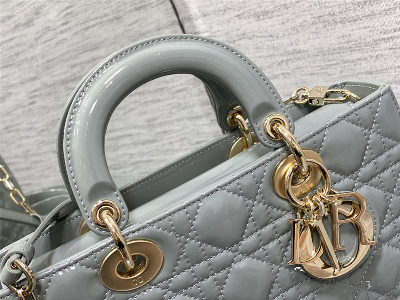 LADY D-JOY BAG MEDIUM Patent Cannage Calfskin Grey High