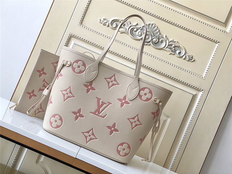 Louis Vuitton NEVERFULL MM Monogram Empreinte Crème Beige / Rose Trianon Pink M21579 High