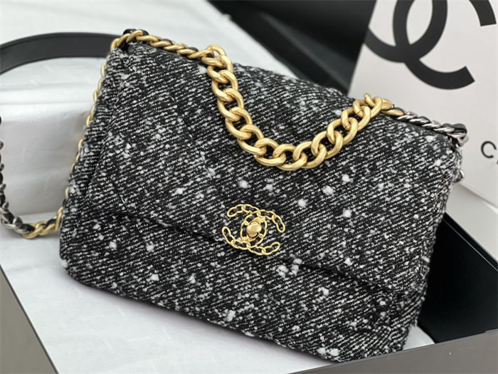 Large Chanel 19 Flap Bag Tweed Gold-Tone Grey High