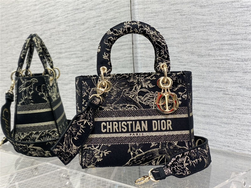 MEDIUM LADY D-LITE BAG Dior Jardin d'Hiver Embroidered Cotton with Velvet and Metallic Thread Black High