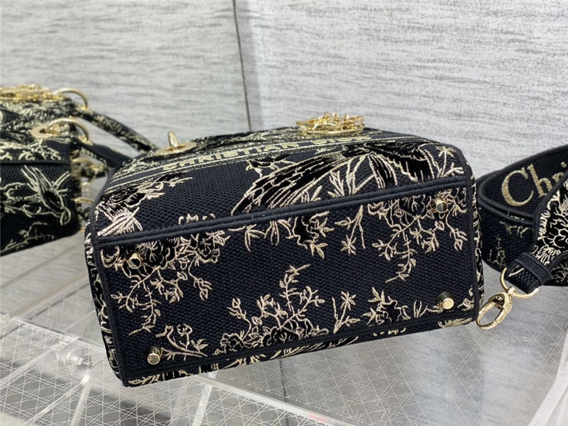 MEDIUM LADY D-LITE BAG Dior Jardin d'Hiver Embroidered Cotton with Velvet and Metallic Thread Black High