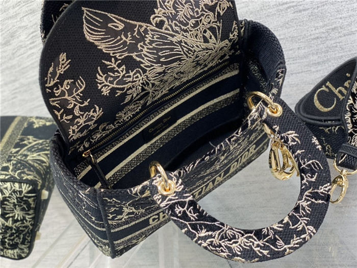 MEDIUM LADY D-LITE BAG Dior Jardin d'Hiver Embroidered Cotton with Velvet and Metallic Thread Black High