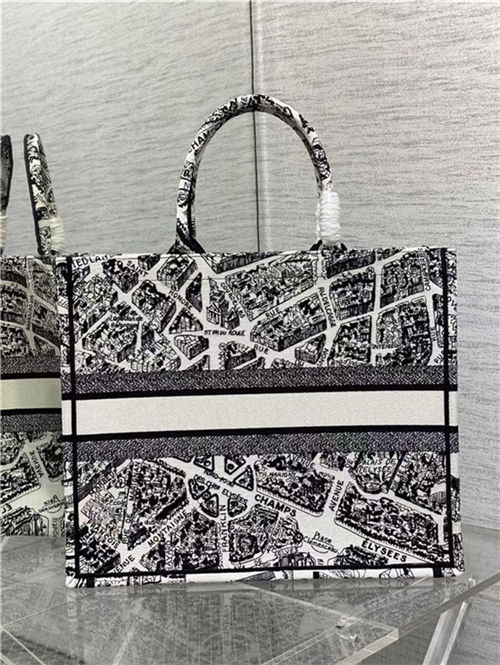 LARGE Dior BOOK TOTE Plan de Paris Embroidery White/Black High