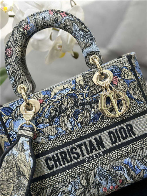 MEDIUM LADY D-LITE BAG Dior Jardin Magique Embroidery Denim High