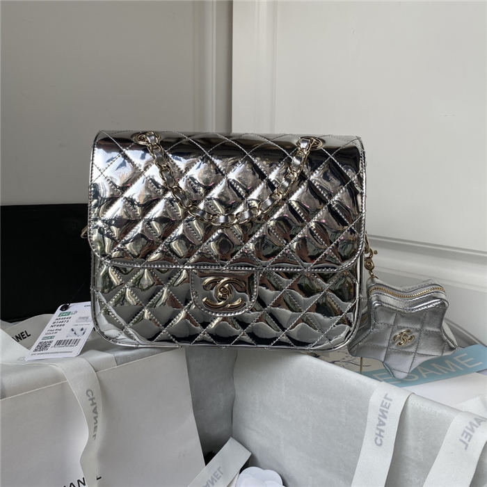 Chanel BACKPACK & STAR COIN PURSE AS4649 Mirror Calfskin, Metallic Calfskin & Gold-Tone Metal Silver A