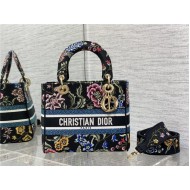 MEDIUM LADY D-LITE BAG Dior Petites Fleurs Embroidery Black High