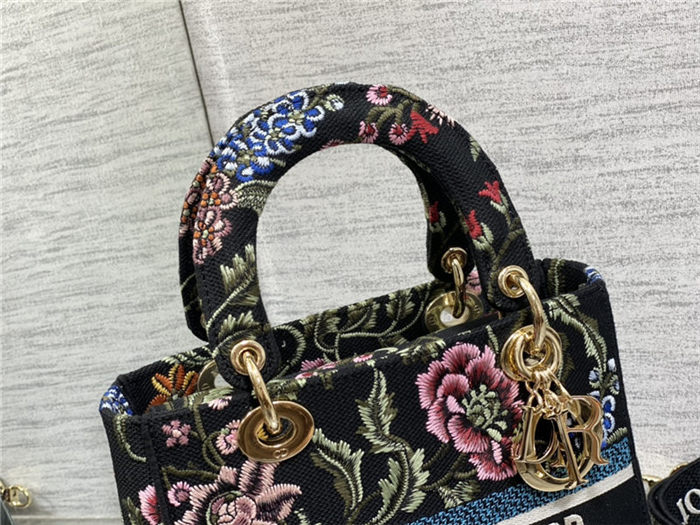 MEDIUM LADY D-LITE BAG Dior Petites Fleurs Embroidery Black High