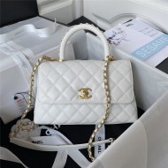 SMALL FLAP BAG WITH TOP HANDLE A92990 Grained Calfskin & Gold Metal White A